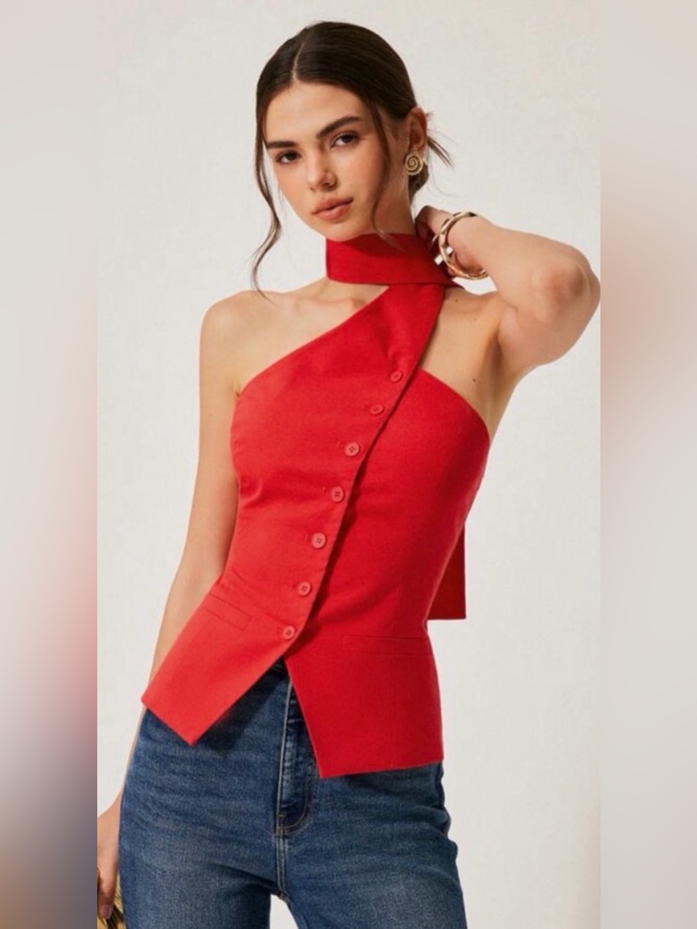 NEW Commense Cotton & Linen Halter Top with Decor Pockets - Red